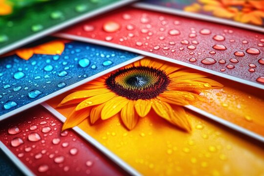 close-up vibrant sunflower overlapping glossy multicolored panels with water droplets, bright cheerful and refreshing mood