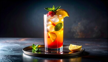 A vibrant, refreshing cocktail with fruit garnishes, served in a tall glass.