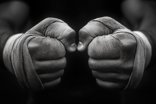 close-up of two chalk-dusted cloth-wrapped fists held forward, textured knuckles and tense hands conveying grit, determination and readiness