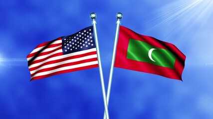 USA and Maldives Flag Waving On Pole Loop