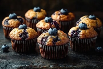 Freshly baked blueberry muffins with whole blueberries on top in paper liners on a dark rustic surface, warm, inviting and mouthwatering