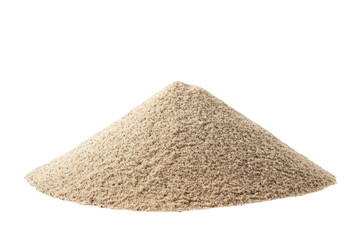 A finely textured pile of light brown sand sits prominently against a clean white background. ideal for use in construction. landscaping. or artistic projects