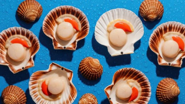 Fresh raw scallops and cockles arranged in a vibrant pattern with water drops. A delicious seafood delicacy for a gourmet restaurant menu or a summer food web banner concept