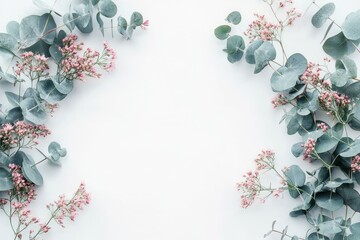 silvery eucalyptus leaves and delicate pink wildflowers framing a white space, calm minimalist botanical flat lay evoking serenity and gentle elegance