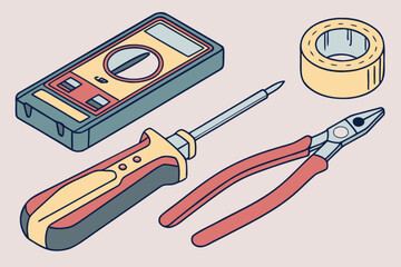 Electrical tools set for wiring and repair work, including multimeter, wire cutters, screwdriver, and tape, ideal for DIY home improvement and professional electrical services