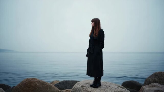 A thoughtful young caucasian woman in a black coat stands alone on a rocky shore looking at the sea. Cinematic triptych sequence showing a moment of quiet contemplation