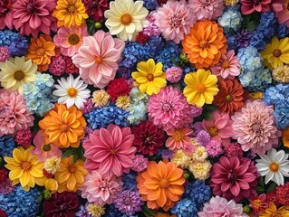 Vibrant wall of mixed garden flowers including dahlias, daisies and hydrangeas, a dense multicolored bloom display evoking joy and celebration