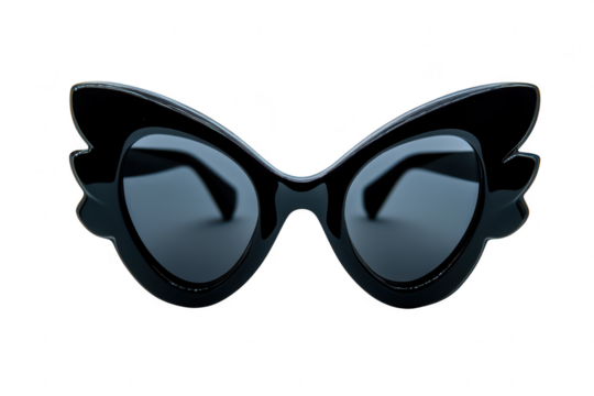 A stylish pair of oversized black sunglasses with a unique winged design. positioned centrally against a clean white background. perfect for fashion accessories and summer wear - Powered by Adobe