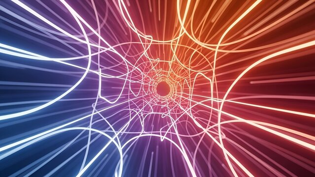 Abstract Neon Light Tunnel in Vibrant Blue Pink Orange Colors for Technology and Digital Art
