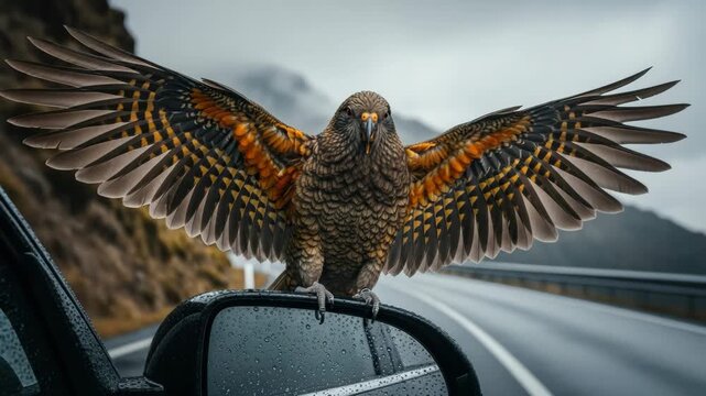Majestic kea parrot spreads its colorful wings while perched on a car side mirror. Wild animal encounter during a scenic road trip through the mountains of new zealand