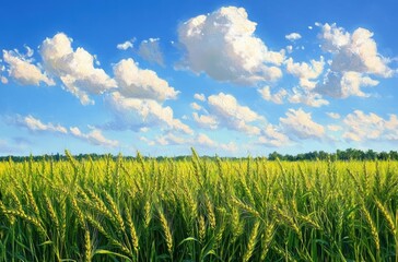 Expansive wheat field of green stalks and golden tips with a distant tree line under a bright blue sky dotted with fluffy white clouds, evoking calm summer serenity