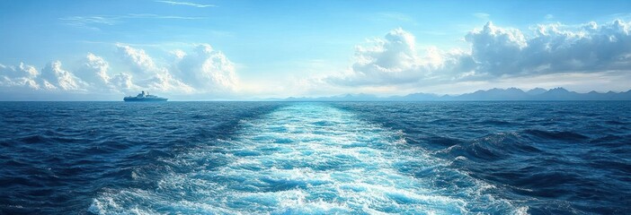 Bright blue ocean with foamy wake leading to the horizon, distant cruise ship and mountain silhouettes under fluffy clouds and sunlit sky, evoking calm and freedom