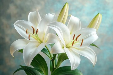 white lilies with two open blooms, two buds, lush green leaves and visible brown stamens against a soft teal textured background, serene and elegant