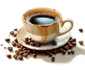 Obraz premium Warm black coffee in a stained ceramic cup on a saucer surrounded by scattered roasted beans, painted brushstroke still life evoking cozy inviting comfort