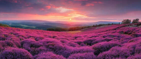 Sunset over rolling hills blanketed in vibrant purple heather with distant forests and valleys under a glowing pink-orange sky, evoking serene tranquility and awe