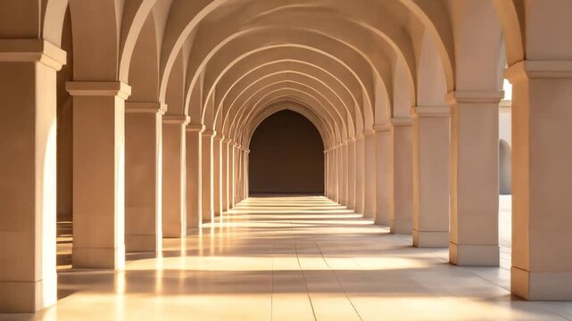 Elegant architectural corridor with arched ceilings and sunlight.