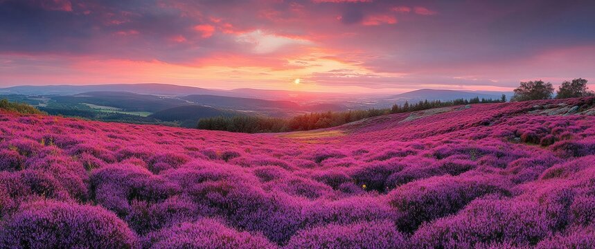 Sunset over rolling hills blanketed in vibrant purple heather with distant forests and valleys under a glowing pink-orange sky, evoking serene tranquility and awe