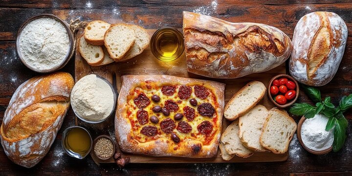 Rustic wooden table laden with artisan crusty loaves, sliced bread, square pepperoni and olive pizza, bowls of flour and olive oil, cherry tomatoes and basil, warm inviting baking scene