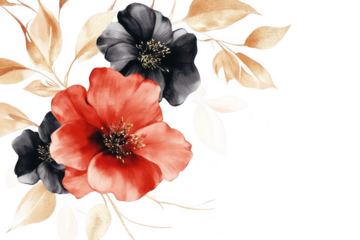 A arrangement of red and black flowers with delicate golden leaves on a soft white background. ideal for use in wedding invitations. greeting cards. or home decor
