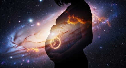 A silhouette of a pregnant woman against a starry, cosmic background.