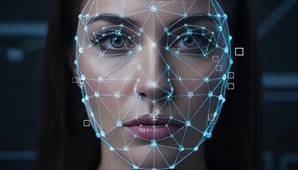 Futuristic beauty concept in action with glowing network over woman's face for technology and science projects or digital advertising - Powered by Adobe
