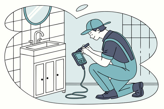 Professional plumber using modern technology to inspect bathroom sink plumbing for leaks, providing reliable home maintenance and repair services, digitally enhanced
