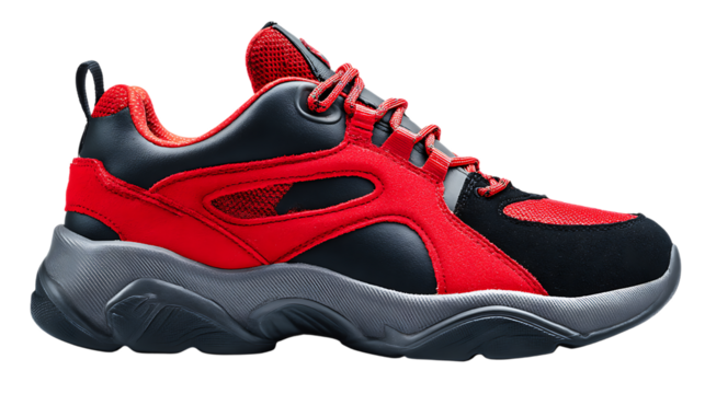 Red and black casual shoe isolated on transparent background for everyday wear