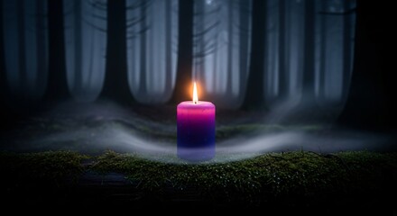 Dark Forest and Single Purple Advent Candle - Cinematic Lighting, Festive Symbolism