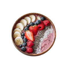 Delicious and vibrant smoothie bowl filled with fresh strawberries, blueberries, raspberries, bananas, and chia seeds for a healthy breakfast or snack