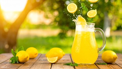 Refreshing lemonade pitcher with lemons and mint leaves, outdoors.