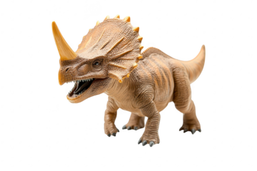 A realistic. detailed model of a Triceratops dinosaur toy. its distinctive three horns and frill. placed against a clean white background. ideal for educational purposes or childrens play