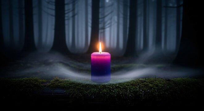 Dark Forest and Single Purple Advent Candle - Cinematic Lighting, Festive Symbolism