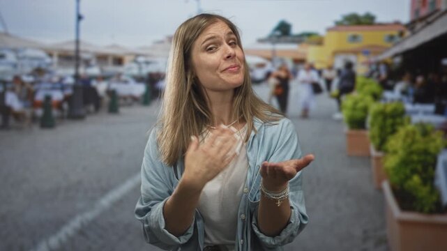 Young blonde woman makes money gesture with finger flick on palm in vibrant street market; financial request hope.