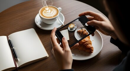 Person taking a smartphone photo of a fresh coffee and croissant breakfast.