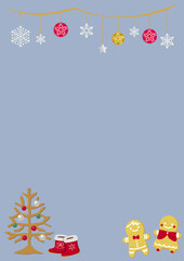 クリスマスガーランドとジンジャークッキーの縦フレーム素材ブルー　テキストスペース