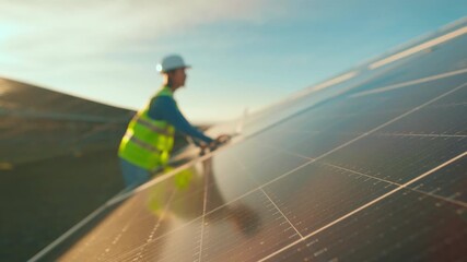 Worker installs solar panels on rooftop in sunny location showcasing renewable energy initiative - Powered by Adobe