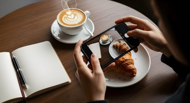 Person taking a smartphone photo of a fresh coffee and croissant breakfast.