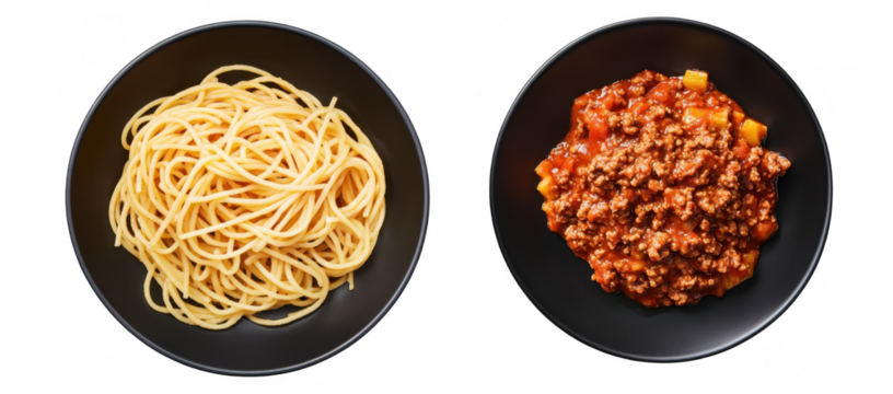 A visually appealing presentation of two bowls. one filled with perfectly cooked spaghetti and the other with rich meat sauce. set against a clean white background. ideal for culinary articles