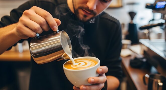 Barista pouring steamed milk to create latte art on a hot cup of coffee.