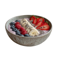 Invigorating smoothie bowl topped with fresh strawberries, blueberries, raspberries, and bananas sprinkled with chia seeds for a healthy, vibrant breakfast