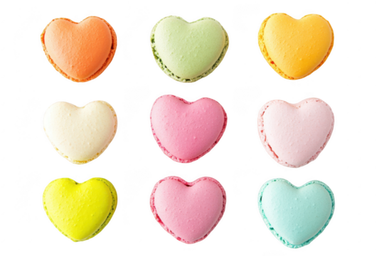 A arrangement of heart-shaped macarons in various pastel colors. neatly displayed in a grid pattern against a clean white background. ideal for dessert-themed content or culinary inspiration