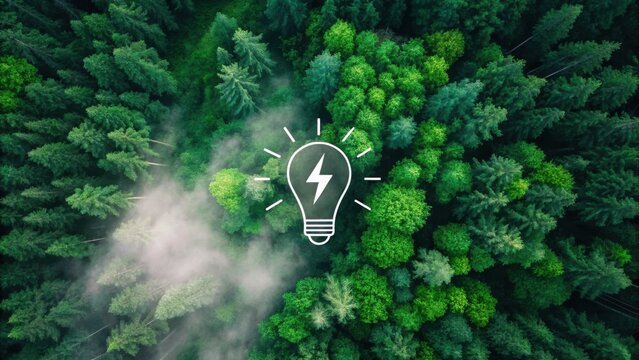 Green forest with lightbulb icon symbolizing sustainable energy idea.