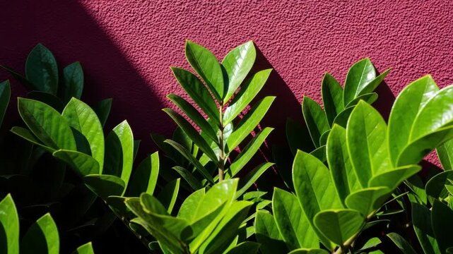 Glossy green leaves of a tropical zamioculcas plant in bright sunlight. High contrast shadows on a vibrant magenta textured wall create a bold and modern nature background