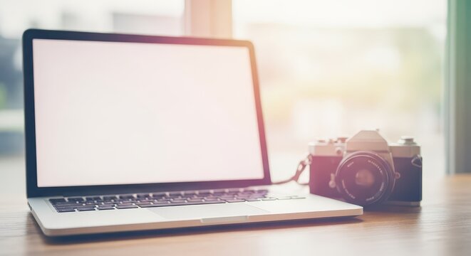 Silver portable computer with an old style photographic device rests on a wooden surface near a bright window