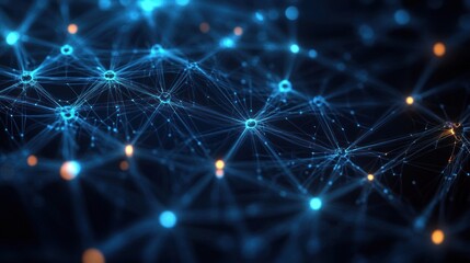 Glowing blue network of interconnected nodes and fine lines with scattered orange lights on a dark background conveying futuristic connectivity and depth