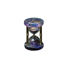 Timeless elegance meets cosmic wonder, a stunning hourglass filled with swirling galaxies captures the beauty of time and space with shimmering details and celestial colors