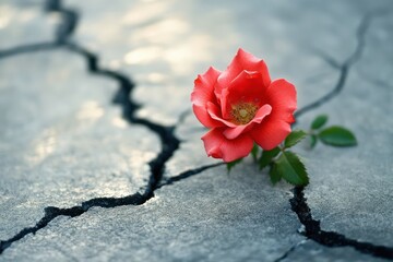 single red rose blooming from a jagged crack in concrete with green leaves, evoking resilience and hopeful perseverance