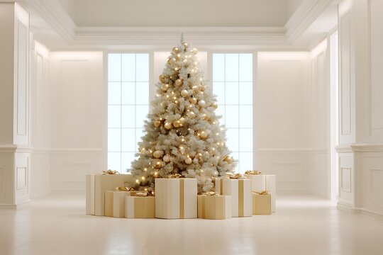 2025 Christmas tree decorated with golden ornaments and glowing fairy lights