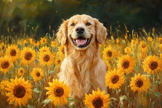 Joyful golden retriever sitting amid bright yellow sunflowers in a sunlit field, smiling with a warm carefree expression