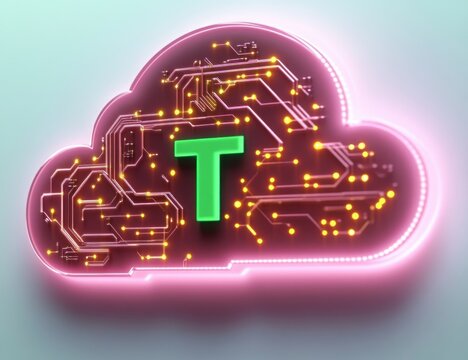 Neon pink cloud icon filled with glowing circuit board traces and yellow nodes, centered by a bold green letter T, futuristic and vibrant